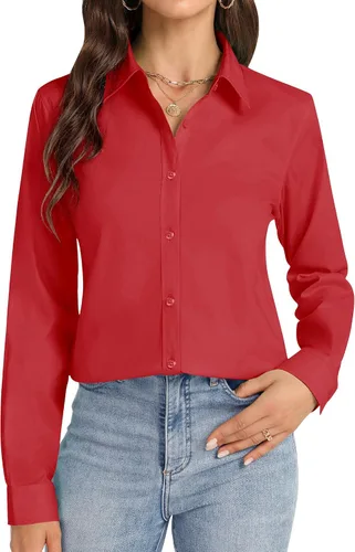 Vista 10 de Camisas con botones J.VER para mujer con cuello elástico y manga larga de algodón, camisa de vestir casual de negocios para el trabajo