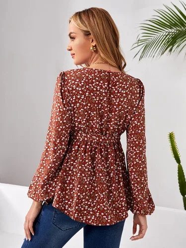 Vista 2 de MakeMeChic Camisa de maternidad para mujer, diseño floral, manga larga, con cinturón, peplum