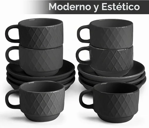 Vista 3 de MIAMIO - 6 tazas de café expreso de gres de 2.5 onzas, juego moderno de tazas con soporte y platillos - Colección Palmanova (negro) Ceramic