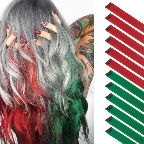 Vista 38 de FESHFEN Juego de 12 extensiones de cabello con clip, color negro, con clip, con purpurina, kit de accesorios coloridos para mujeres, de 20 pulgadas