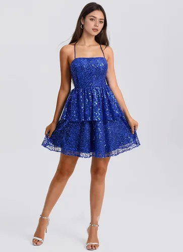 Vista 2 de YUAOHUANG Vestido de fiesta de lentejuelas con tirantes delgados 2025 vestidos de cóctel cortos escalonados para mujer