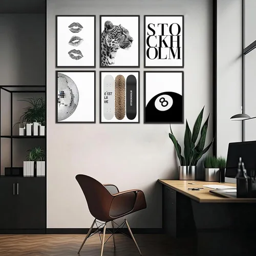 Vista 2 de 6 pósteres de lienzo blanco y negro para pared, diseño de bola de discoteca de guepardo de la suerte de 8 bolas, diseño de leopardo funky
