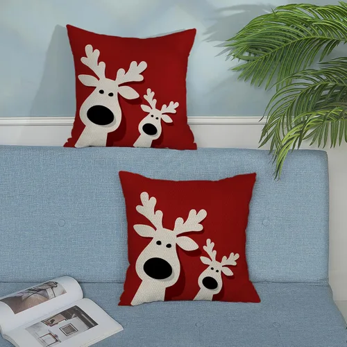 Vista 3 de Juego de 2 fundas de almohada navideñas de 16 x 16 pulgadas, fundas de almohada de lino color rojo con diseño de alces y ciervos de invierno