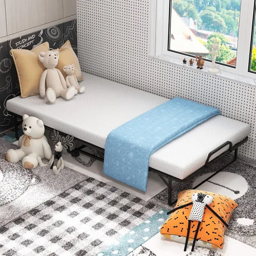 Vista 2 de GOFLAME Cama plegable con colchón de espuma viscoelástica, cama de invitados de tamaño individual con marco de metal resistente, cama plegable