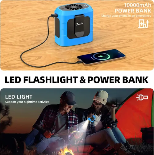 Vista 8 de Zeadio Ventilador portátil con clip de cintura, 4 velocidades, 10000 mAh, funciona con manos libres, con función de iluminación y carga para Azul