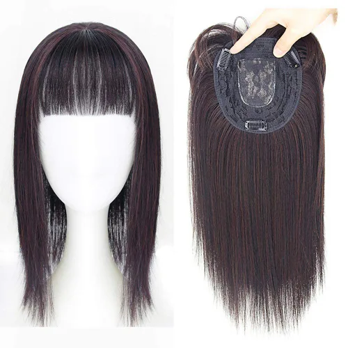 Vista 3 de Parte media recta para cabello con flequillo limpio para cabello fino para mujer, postizo de frente de 14 pulgadas, marrón oscuro