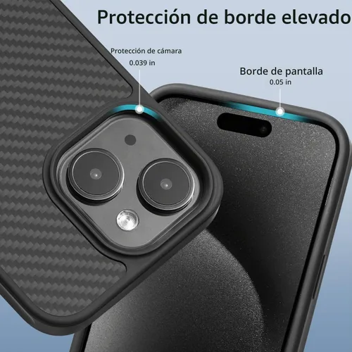 Vista 2 de Tigowos Funda para iPhone 15 Plus e iPhone 14 Plus Funda Protectora Hecha de Fibra de Aramida Real, Suave al Tacto, Parachoques de Carbono Negro-b
