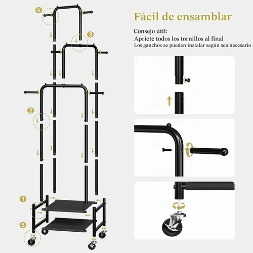 Vista 6 de Chrislley Pequeño Perchero de Ropa con Ruedas, Perchero Enrollable Portátil de 71" con 2 Estantes y 6 Ganchos, Perchero de Ropa de Metal Resistente