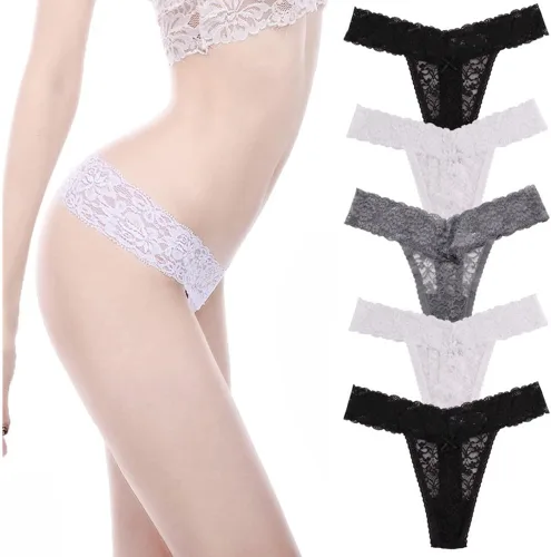 Vista 2 de Tangas de encaje sexy para mujer, ropa interior atrevida, paquete de 5