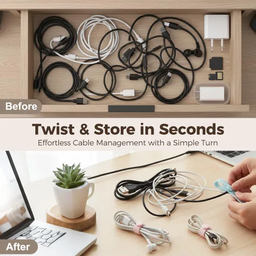Vista 5 de Correas de silicona para cables, correa elástica para cargar auriculares, cargador de teléfono, cables de computadora, organizadores de cables