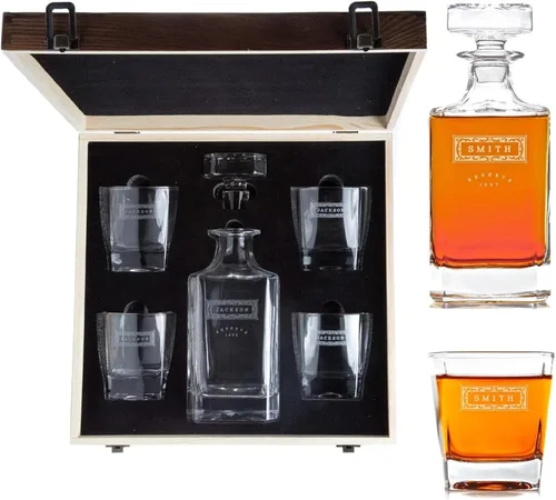 Vista 8 de Juego de decantadores de whisky personalizados para hombres, para el hogar, bar, decantadores de licor personalizados, caja de madera, vasos