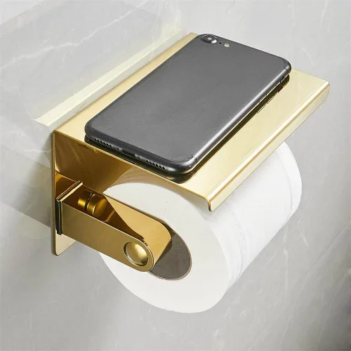 Vista 12 de Soporte de papel higiénico de un solo rollo con estante para teléfono, dispensador de pañuelos de acero inoxidable montado en la pared para baño