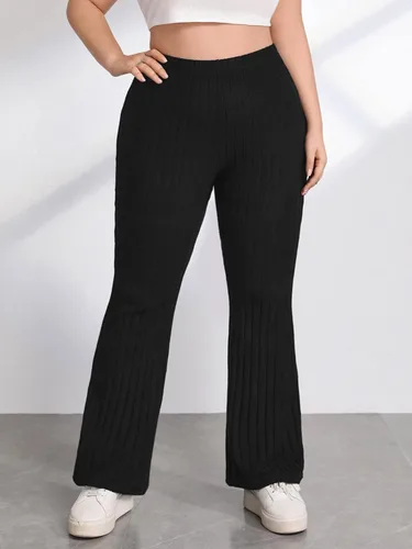 Vista 5 de OYOANGLE Pantalones de yoga acampanados de punto acanalado para mujer, talla grande, pantalones casuales