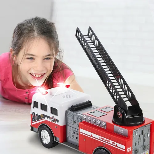 Vista 3 de Mighty Fleet Camión de escalera de bomberos motorizado Mighty con luces y sonidos, escalera motorizada, escalera extensible, diseño realista
