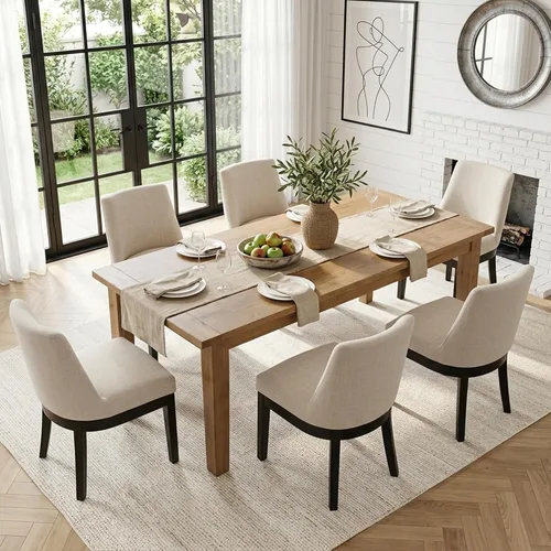Vista 24 de HNY Juego de 2 sillas de comedor modernas con cómodo soporte de espalda, sillas de comedor tapizadas de lino suave con patas de madera maciza