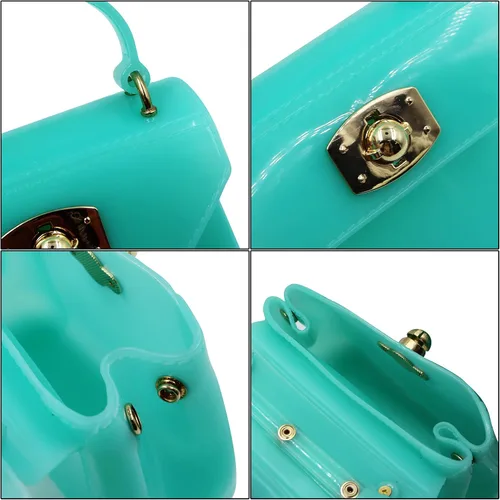 Vista 7 de Bolso pequeño para niñas pequeñas de gelatina de color caramelo, bolso cruzado de hombro, Azulclaro, Elegante, elegante