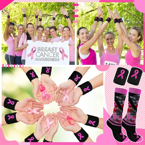 Vista 7 de Jiuguva Juego de pulseras y calcetines con cinta rosa para concienciación del cáncer de mama, incluye calcetines deportivos de camuflaje rosa
