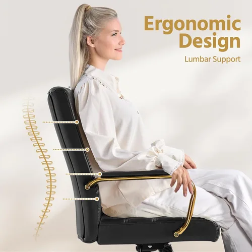 Vista 5 de Yaheetech Silla de Oficina de Respaldo Medio de Cuero PU Silla de Escritorio Ejecutiva Ajustable con Soporte Lumbar Patas Doradas Asiento Negro