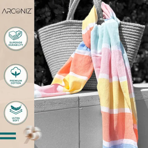 Vista 6 de Arconiz Toalla de playa arcoíris de algodón turco de gran tamaño, 71 x 39 pulgadas, a rayas, multicolor, de secado rápido, sin arena, toalla