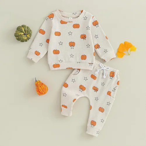 Vista 2 de Kayotuas Conjunto de camisa y pantalones de manga larga con cuello redondo para bebé, disfraz de calabaza, fantasma, calabaza, fantasma, camiseta