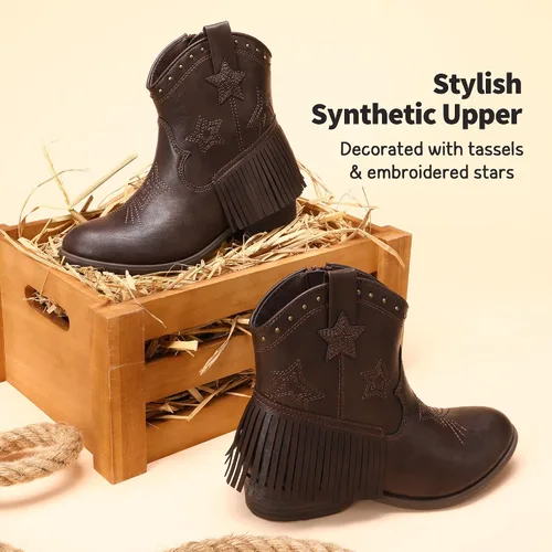 Vista 2 de DREAM PAIRS Botas vaqueras para niñas, estilo vaquero, con cremallera lateral, con borla, para niños pequeños y grandes