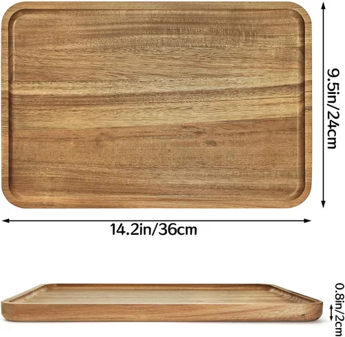 Vista 2 de YOUEON Juego de 2 bandejas de madera de acacia con borde elevado, bandeja rectangular de 14.2 x 9.5 pulgadas, plato de queso para aperitivo