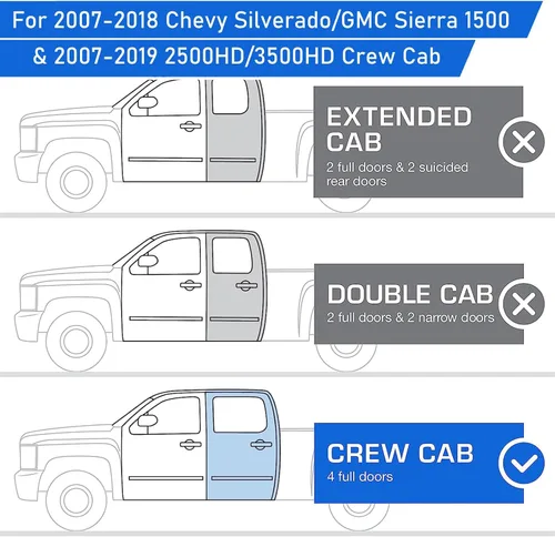Vista 5 de Estribos estilo de barra de aro para Chevy Silverado 1500/Sierra 1500 2500HD 3500HD 2007-2018 Crew Cab (excepto versión diesel), barras Nerf