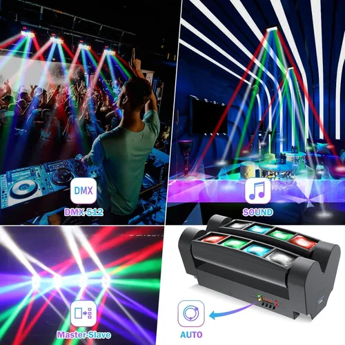 Vista 8 de BETOPPER Luz de escenario, luz de DJ de cabeza móvil para fiestas, luz LED de araña RGBW de 8 x 3 W, activada por sonido y control DMX-512