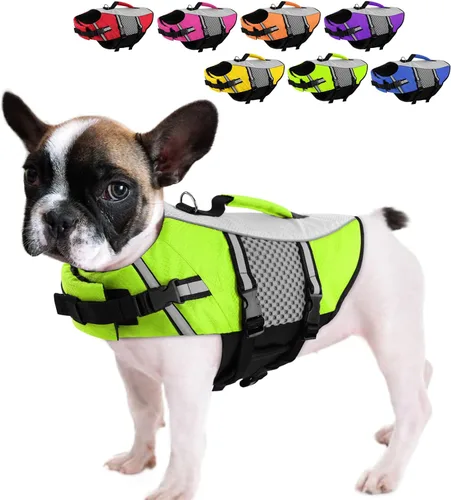 Vista 15 de Chaleco salvavidas para perros, chaleco de natación, ligero, altamente reflectante, para mascotas, con asa de elevación y anillo para correa