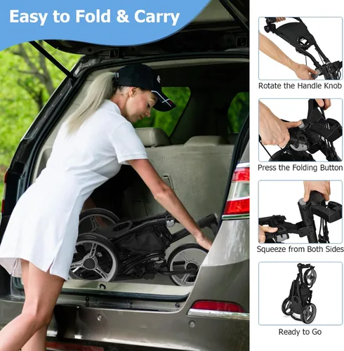 Vista 7 de Tangkula Carrito de golf de empuje, carrito de empuje plegable de aluminio ligero de 3 ruedas, carrito de golf con correa elástica, paraguas y Gris