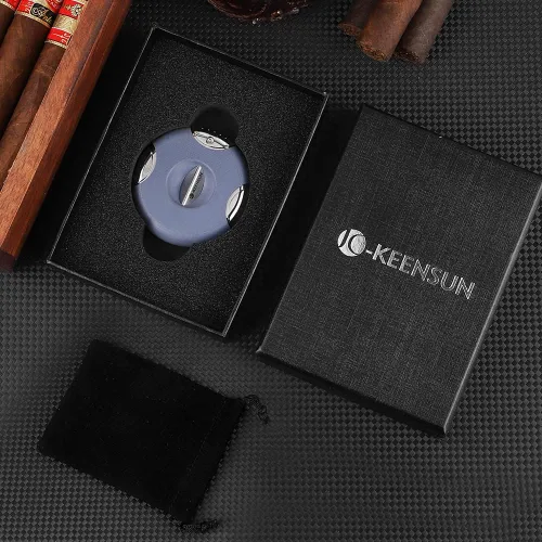 Vista 6 de KEENSUN Cortador de puros redondo G10 corte en V (azul), calibre de 60 anillos, diseño ergonómico con bloqueo seguro, juego de 2 unidades con caja