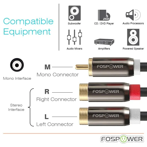 Vista 2 de FosPower 1 RCA macho a 2 RCA hembra adaptador en Y cable de audio (8 pulgadas)