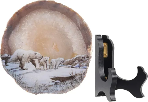 Vista 2 de Rockcloud Osos polares ágata losa exhibición con soporte de madera forma irregular Aagte Slice Stone Home Office Desk Ornamento