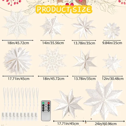 Vista 3 de 10 piezas de linternas de copo de nieve de papel de Navidad, grandes linternas de papel de estrella de Navidad con luces LED, adornos blancos