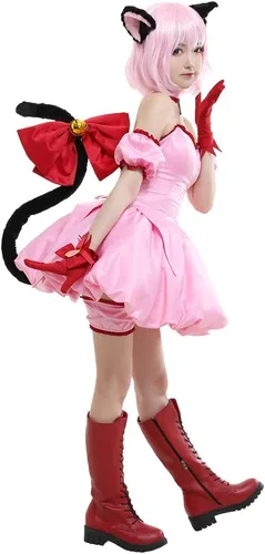 Vista 2 de miccostumes Disfraz de anime para mujer, vestido corto rosa transformado con orejas de gato y cola