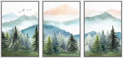 Vista 12 de MUDECOR Lienzo enmarcado para pared, juego de arte de acuarela pastel, bosque de pinos, naturaleza silvestre, ilustraciones modernas, decorativas