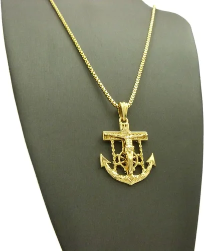 Vista 7 de Shiny Jewelers USA - Colgante de cadena cubana de cuerda para hombre Jesús con ancla de cruz y cadera, 24.0in