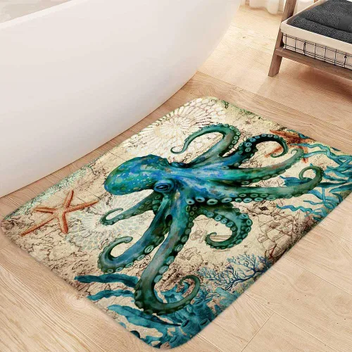 Vista 3 de Boziqr Alfombra de baño náutica vintage de pulpo, alfombra de baño retro océano playa, absorbente de agua, antideslizante, alfombra de ducha