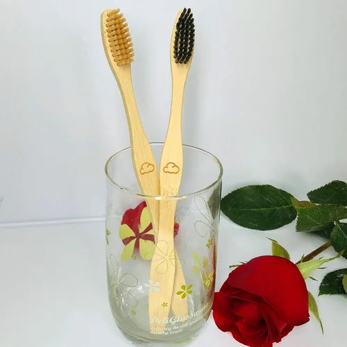 Vista 6 de Cepillo de dientes de bambú cerdas medianas, 10 cepillos de dientes de madera biodegradables a granel