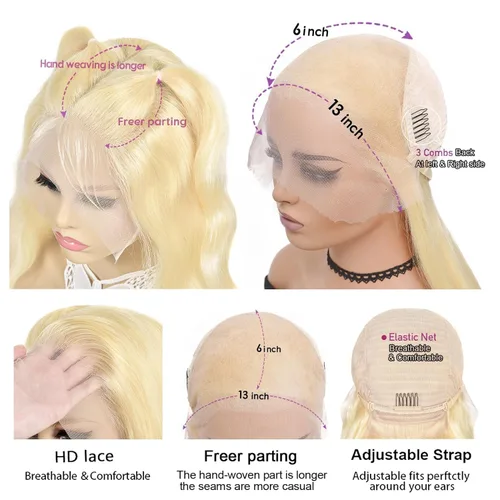 Vista 3 de Peluca de cabello humano lacio 613 HD de 13 x 6 pulgadas, encaje frontal HD 613, densidad 200, cabello humano prearrancado con abuelitos