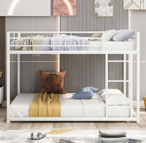Vista 7 de Literas de metal de tamaño matrimonial sobre matrimonial, litera baja de metal con escalera para niños, adolescentes y adultos, marco de cama