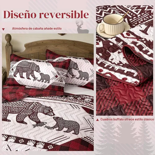 Vista 5 de Juego de 3 piezas de edredón de cabaña tamaño Full/Queen, Navidad rústica reversible, colcha de microfibra suave y ligera, edredón de granja con 2