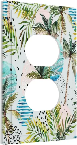 Vista 112 de Cubierta de interruptor de luz de una pandilla de hojas de palma tropicales de estilo bohemio abstracto, árbol de coco, verano, sin dispositivo