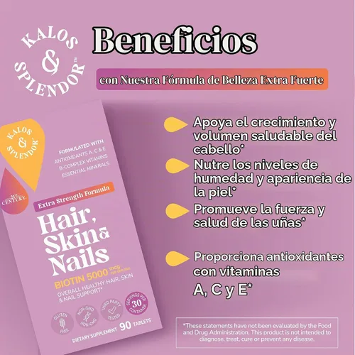 Vista 4 de 21st Century Tabletas para cabello, piel y uñas, extra fuerte con biotina, 90
