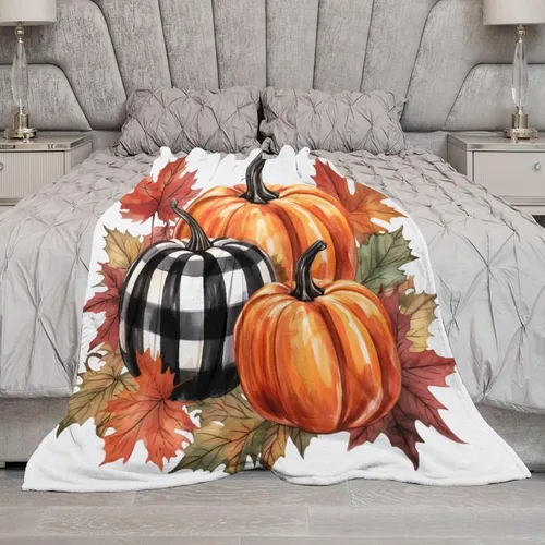 Vista 6 de Manta de lana cuadriculada con diseño de calabaza, hojas de arce, Acción de Gracias, manta de cama para otoño, Acción de Gracias, ligera, súper
