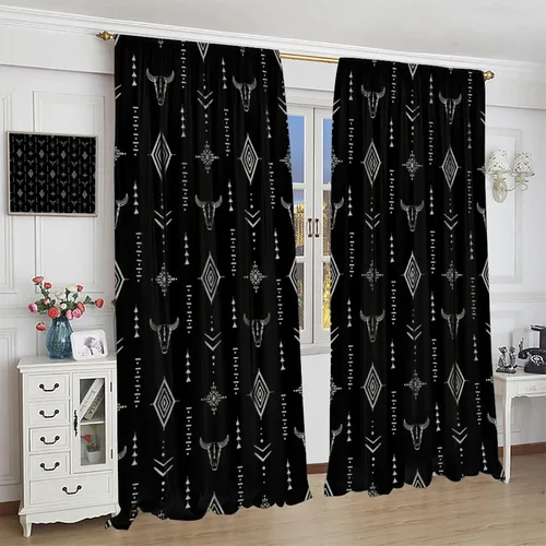 Vista 4 de Cortinas aztecas tribales, cortinas nativas, boho, cráneo, patrón tribal nativo, oscurecimiento de habitación, bolsillo para barra, tratamiento