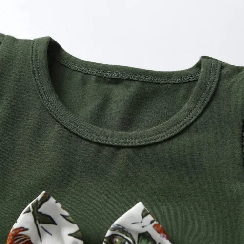 Vista 2 de Conjunto de 3 piezas de ropa para bebé niña, camiseta con volantes, camisa floral, pantalones y diadema Verde