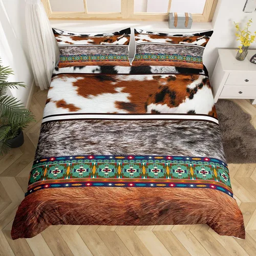 Vista 24 de Erosebridal Funda de edredón de piel de vaca marrón con estampado de vaca de las tierras altas, juego de ropa de cama occidental exótico azteca