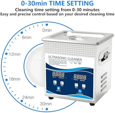 Vista 7 de Limpiador ultrasónico profesional de acero inoxidable de 1.3L con temporizador digital y calentador - Máquina de limpieza de joyas de alta