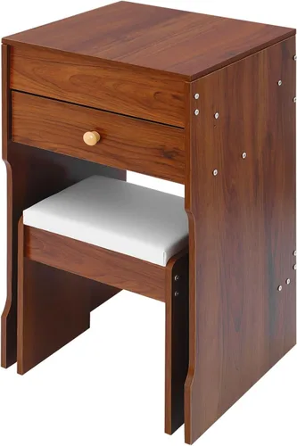 Vista 4 de Escritorio de tocador 3 en 1 con espejo, tocador compacto de 15.8 pulgadas con tapa abatible, mesa de maquillaje de nogal negro con taburete